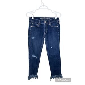 American Eagle Outfitters Raw Hem Fringe Distressed Blue Skinny Jeans Size 2